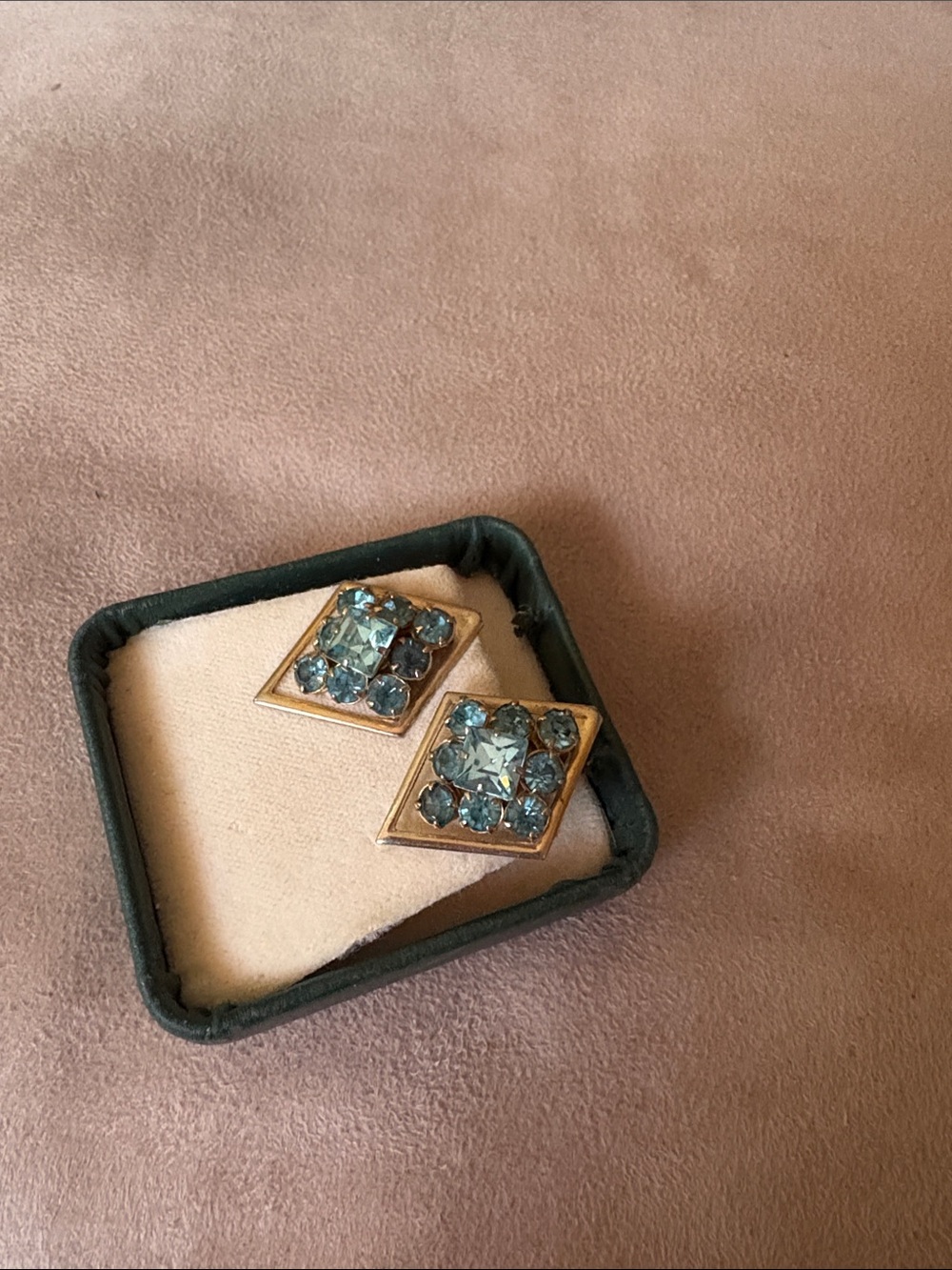 Gold-Tone Blue Crystal Square Cluster Stud Earrings/Vintage clip on